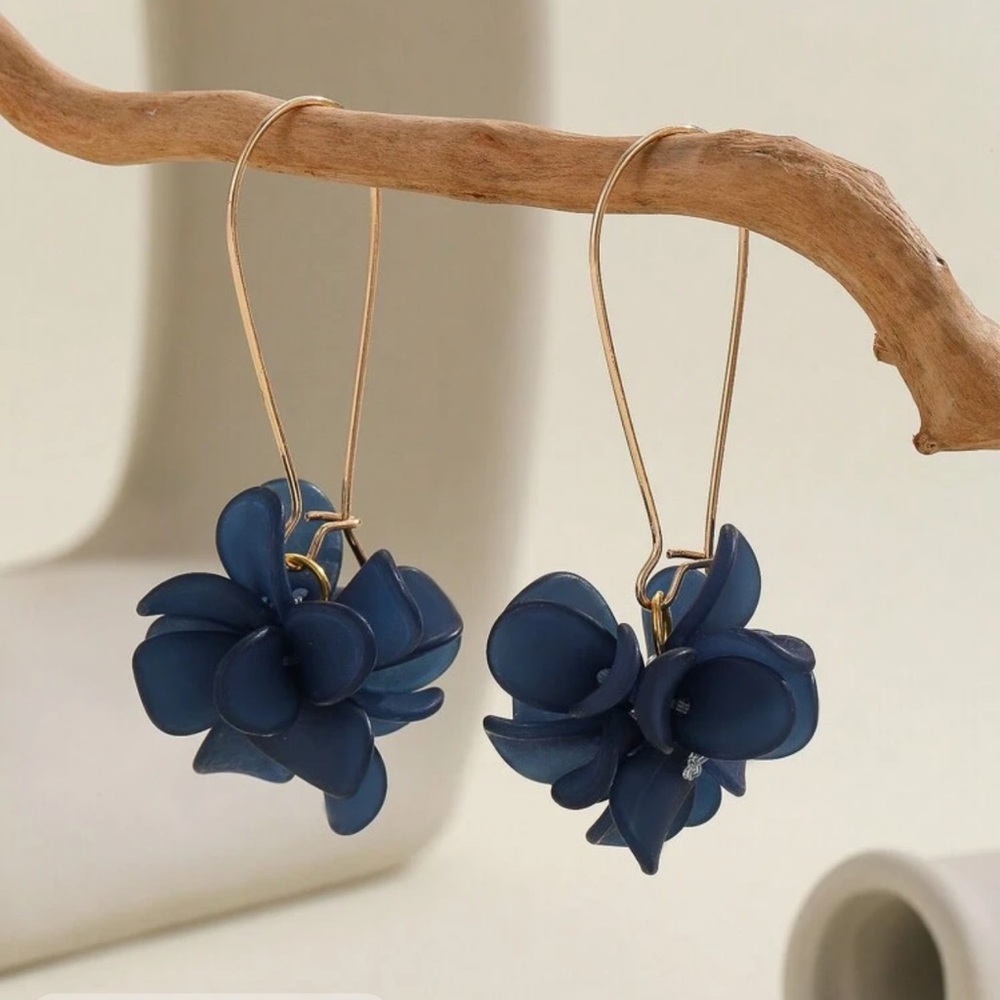 Blue and Gold Floral Dangle Earrings